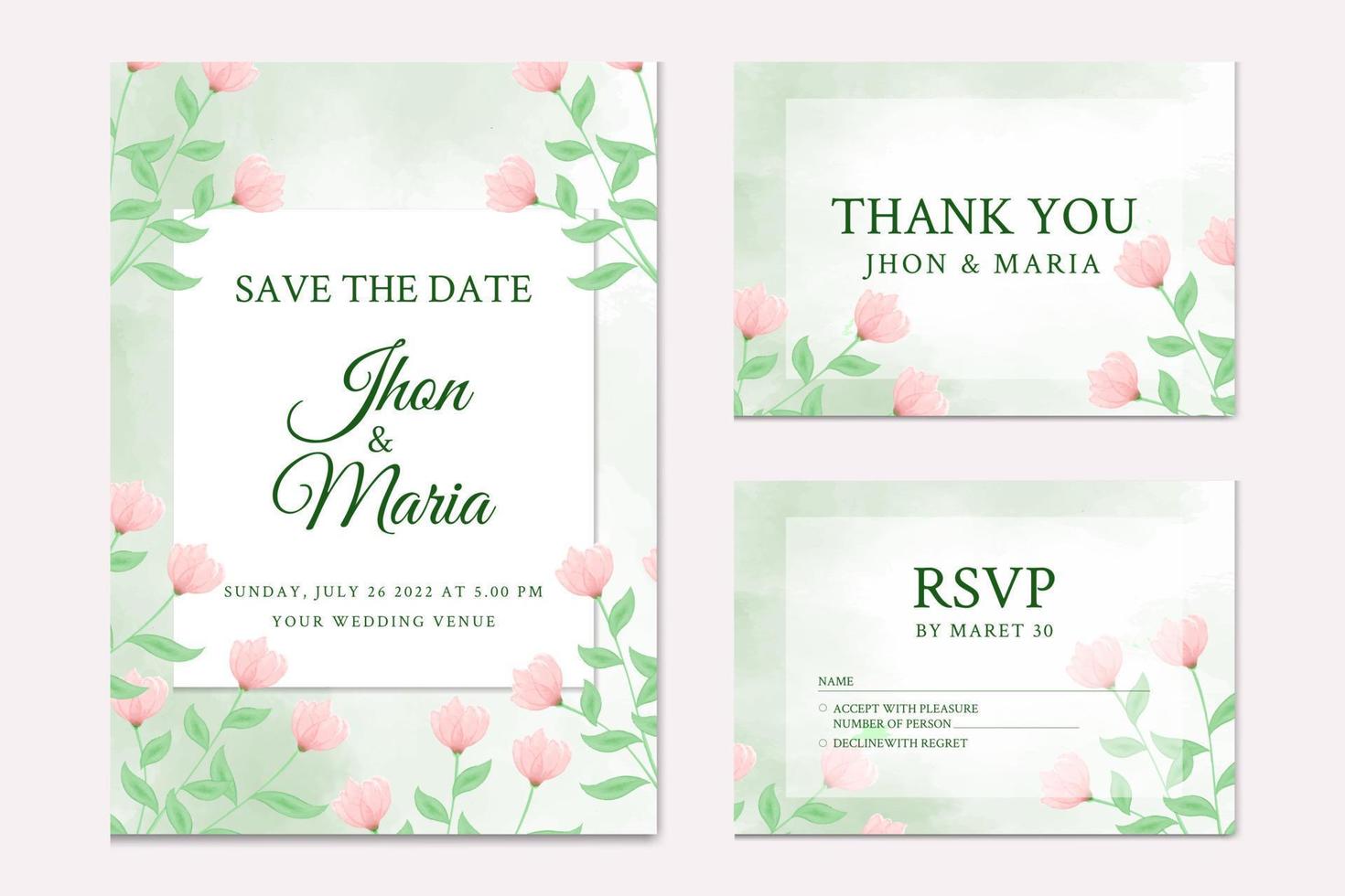 hermosa plantilla de tarjeta de invitación de boda de color de agua floral de hojas verdes vector