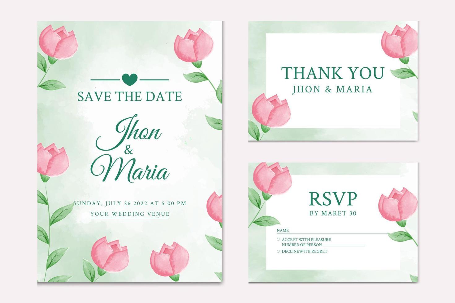 Beautiful green leaves floral water color wedding invitation card template vector