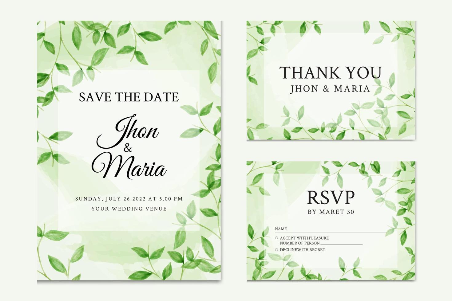 hermosa plantilla de tarjeta de invitación de boda de color de agua floral de hojas verdes vector