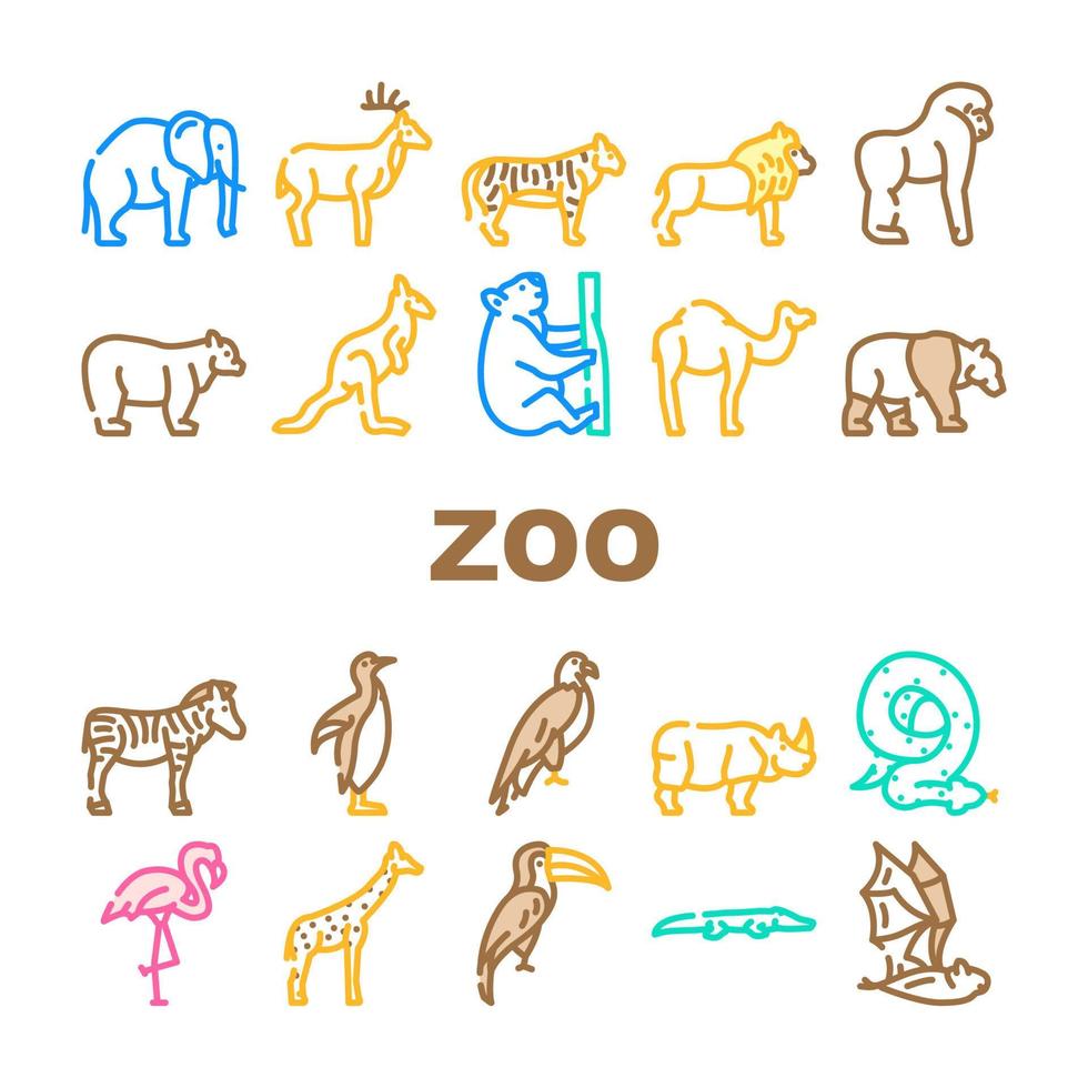 Zoo Animals, Birds And Snake Icons Set Vector