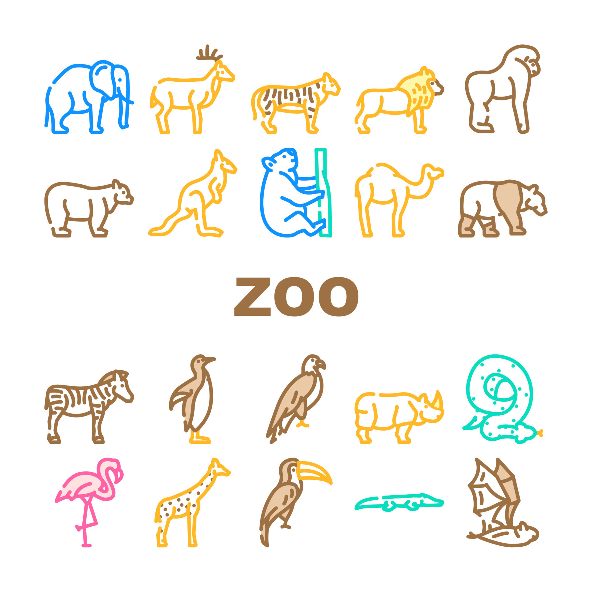 Zoo Animals, Birds And Snake Icons Set Vector 8371294 Vector Art at ...