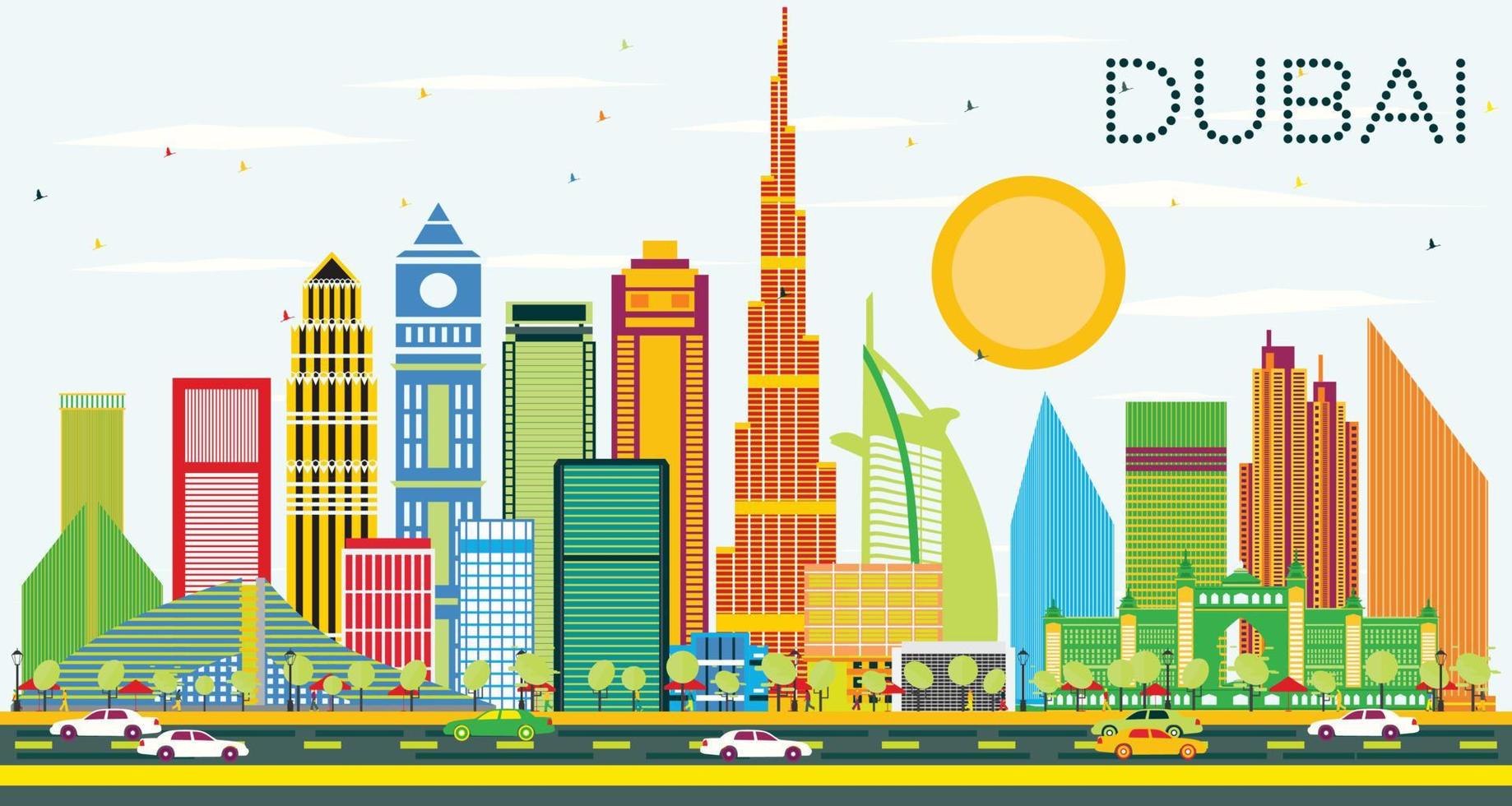 Dubai Skyline with Color Buildings and Blue Sky. vector