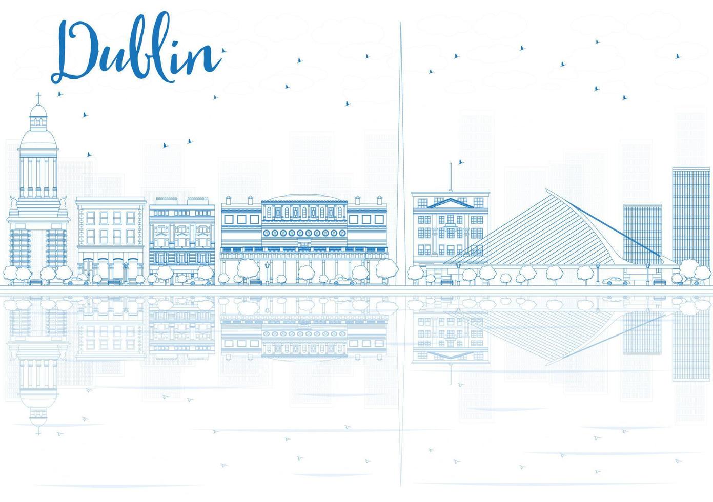 Outline Dublin skyline with blue buildings and reflections. vector