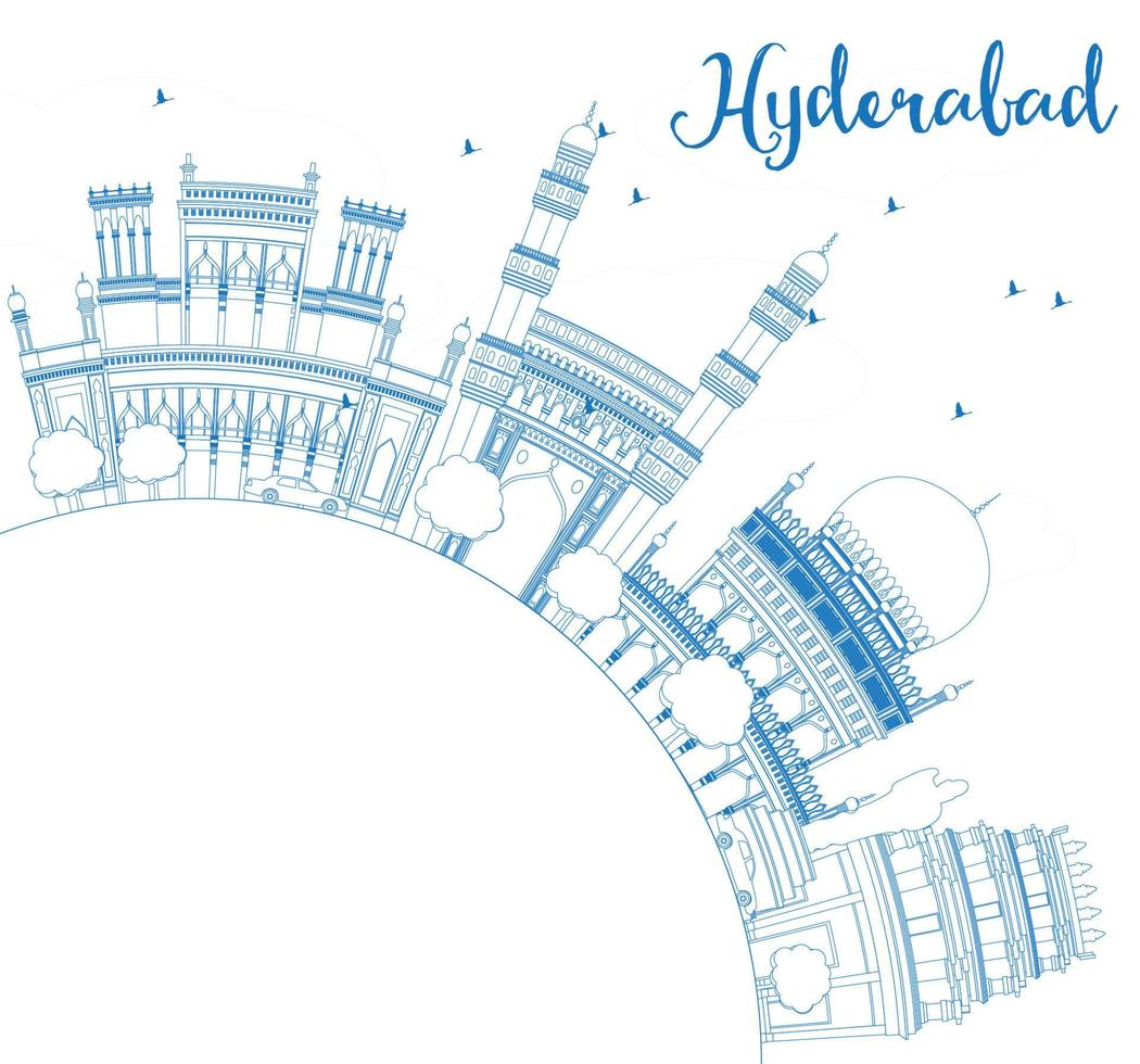 Outline Hyderabad Skyline with Blue Landmarks and Copy Space. vector