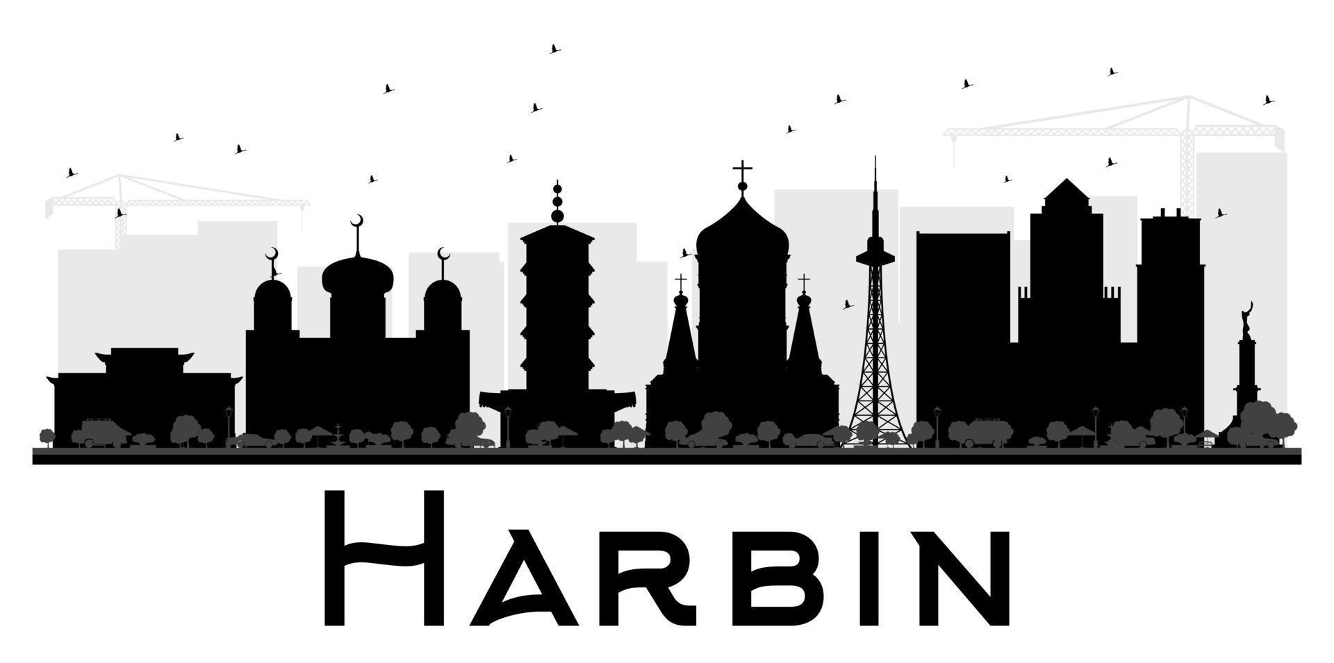 silueta en blanco y negro del horizonte de la ciudad de harbin. vector