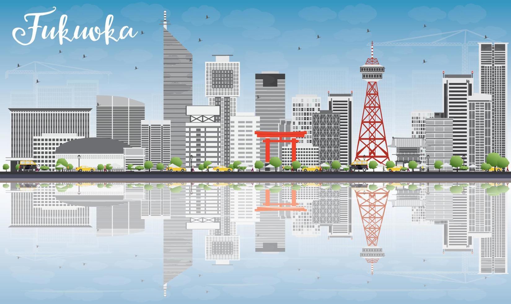 Fukuoka Skyline with Gray Landmarks, Blue Sky and Reflections. vector