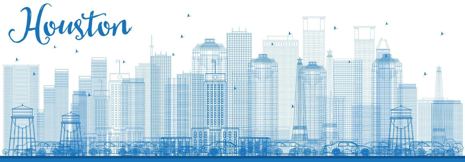 Outline Houston Skyline with Blue Buildings. vector