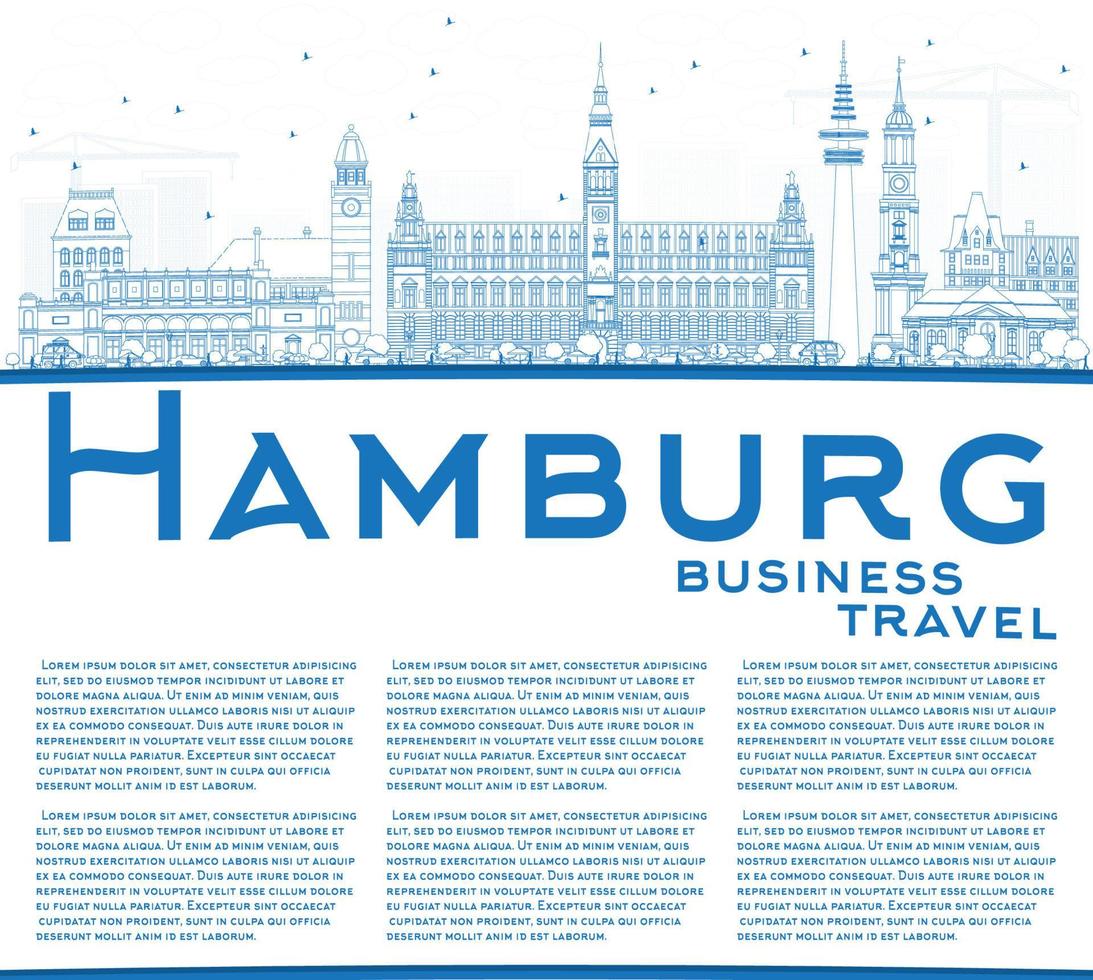 Outline Hamburg Skyline with Blue Buildings and Copy Space. vector