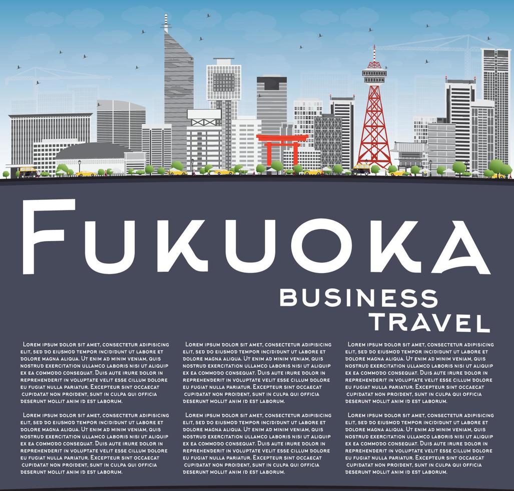 Fukuoka Skyline with Gray Landmarks, Blue Sky and Copy Space. vector