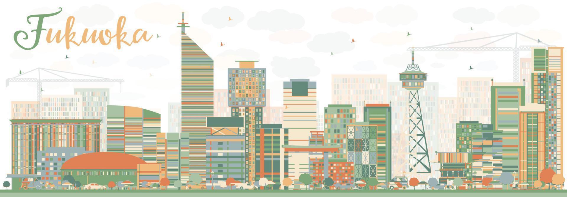 Abstract Fukuoka Skyline with Color Landmarks. vector