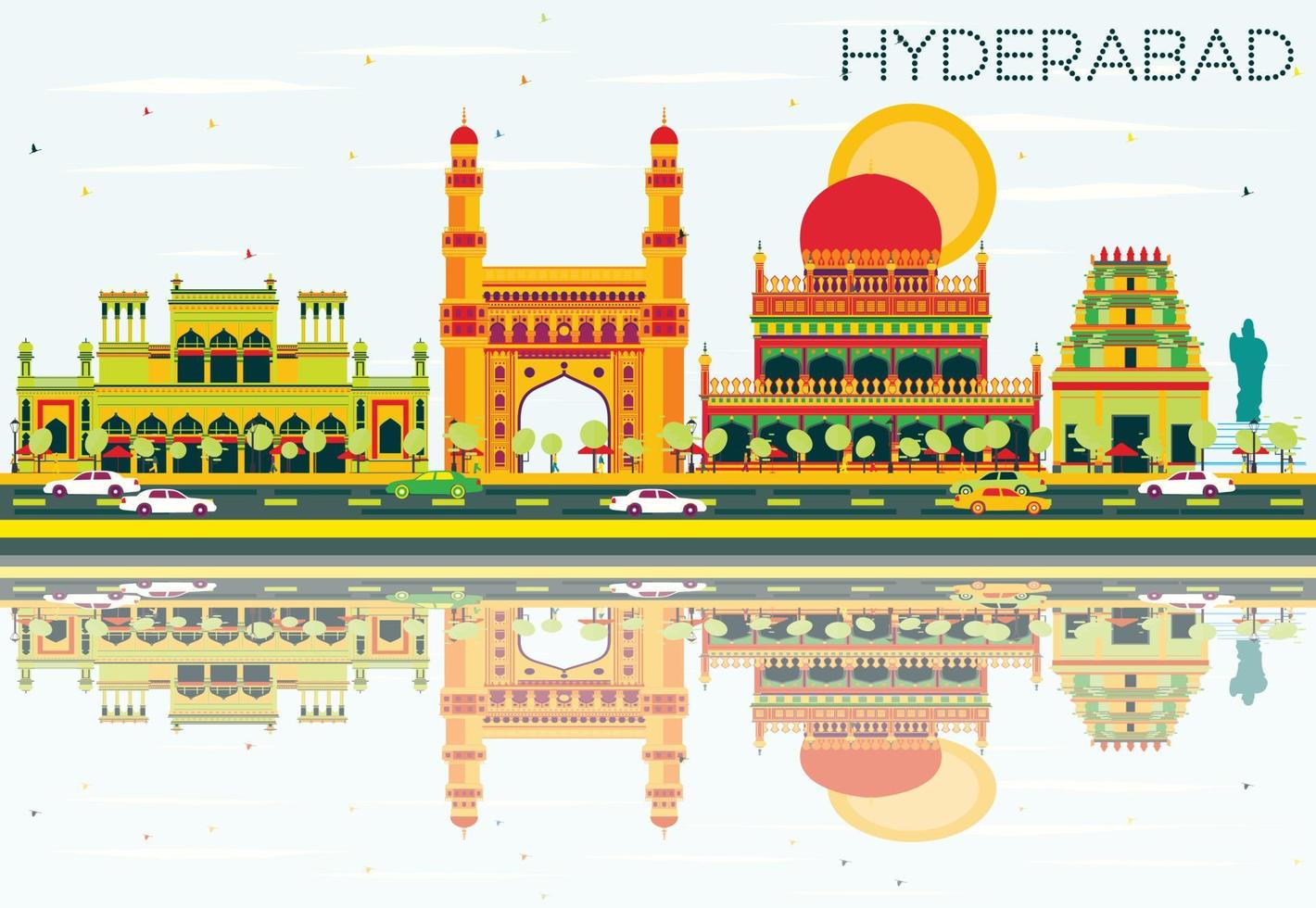 Abstract Hyderabad Skyline with Color Landmarks and Reflections. vector