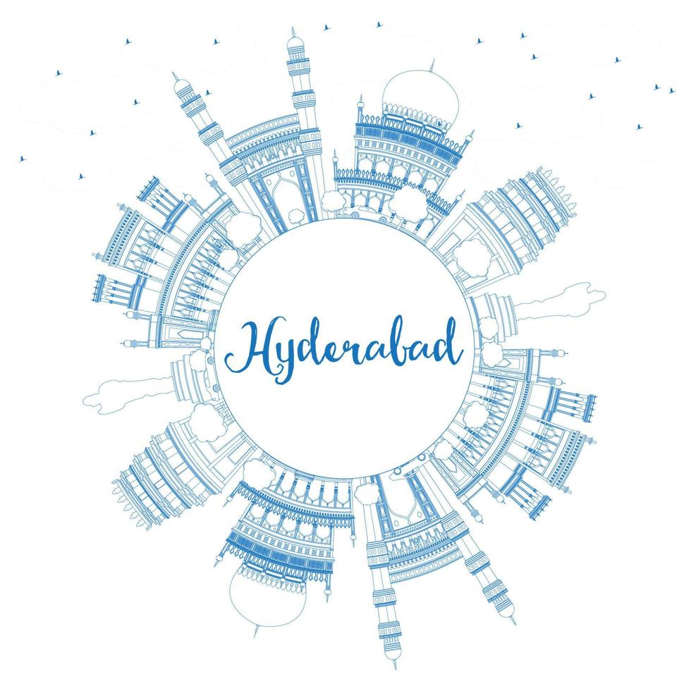 Outline Hyderabad Skyline with Blue Landmarks and Copy Space. vector