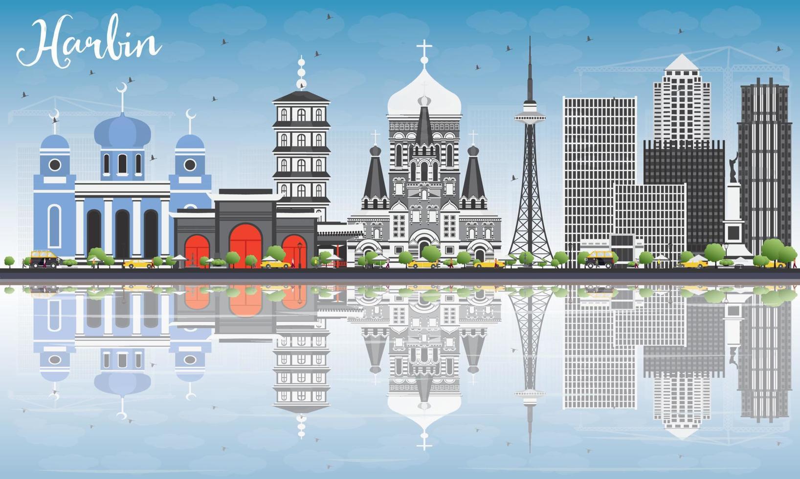 Harbin Skyline with Gray Buildings, Blue Sky and Reflections. vector