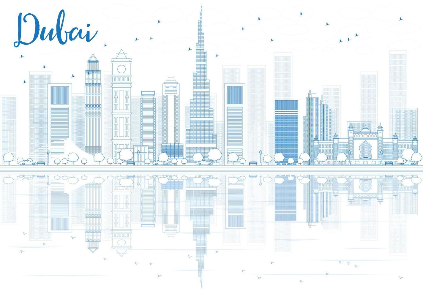 Outline Dubai skyline with blue buildings and reflections. vector