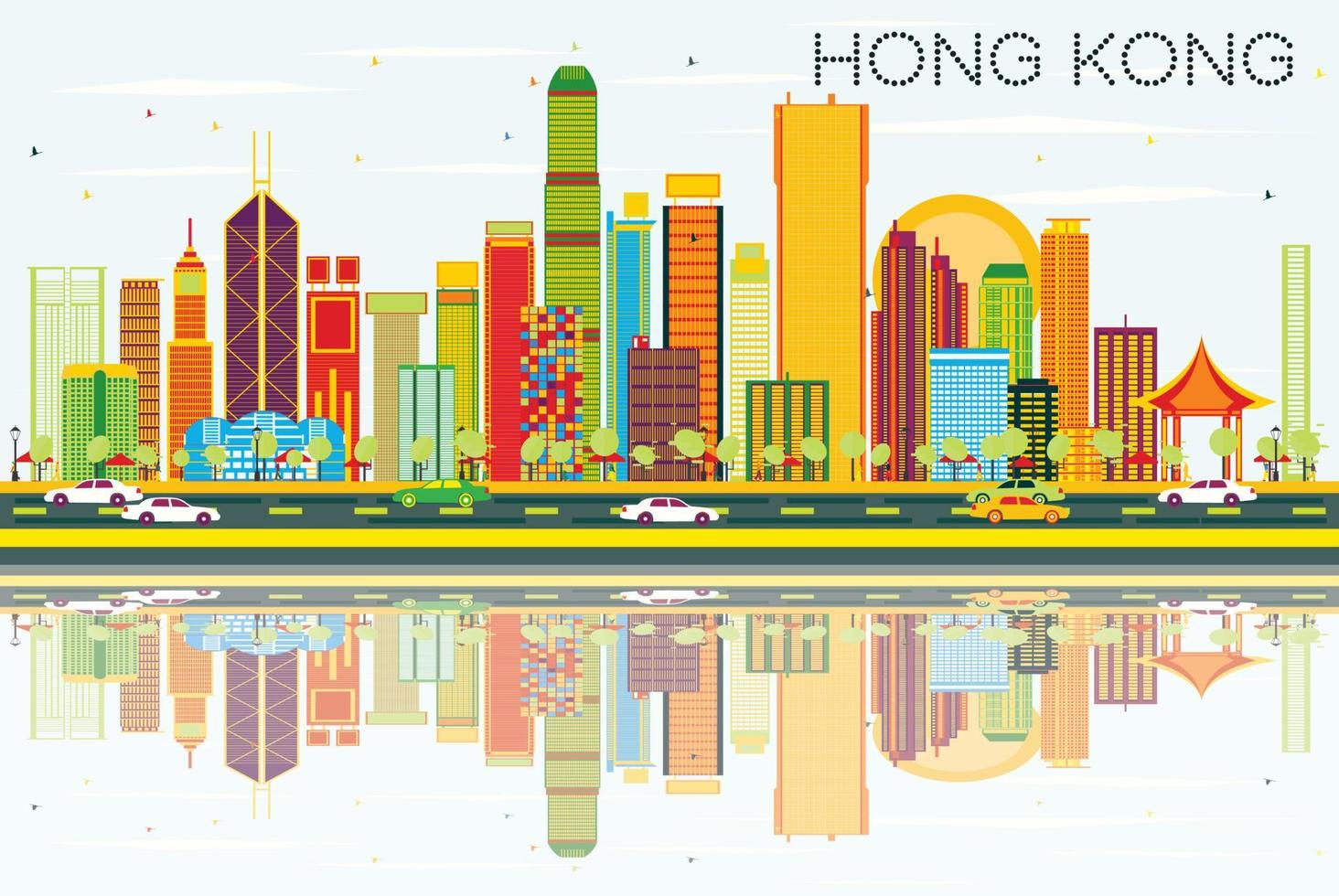 horizonte abstracto de hong kong con edificios de color, cielo azul y reflejos. vector