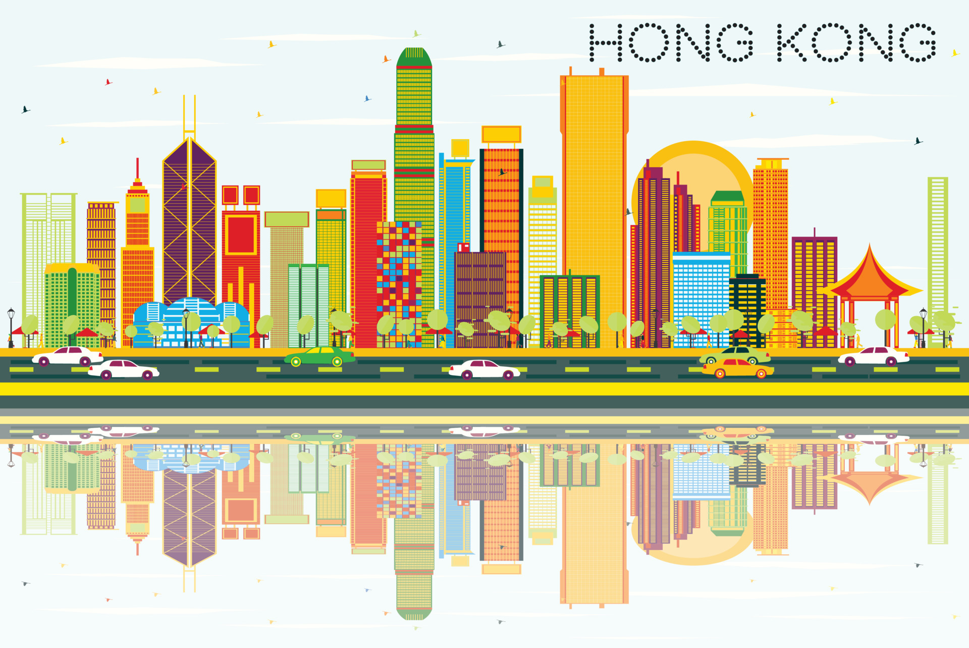 Abstract Hong Kong Skyline with Color Buildings, Blue Sky and