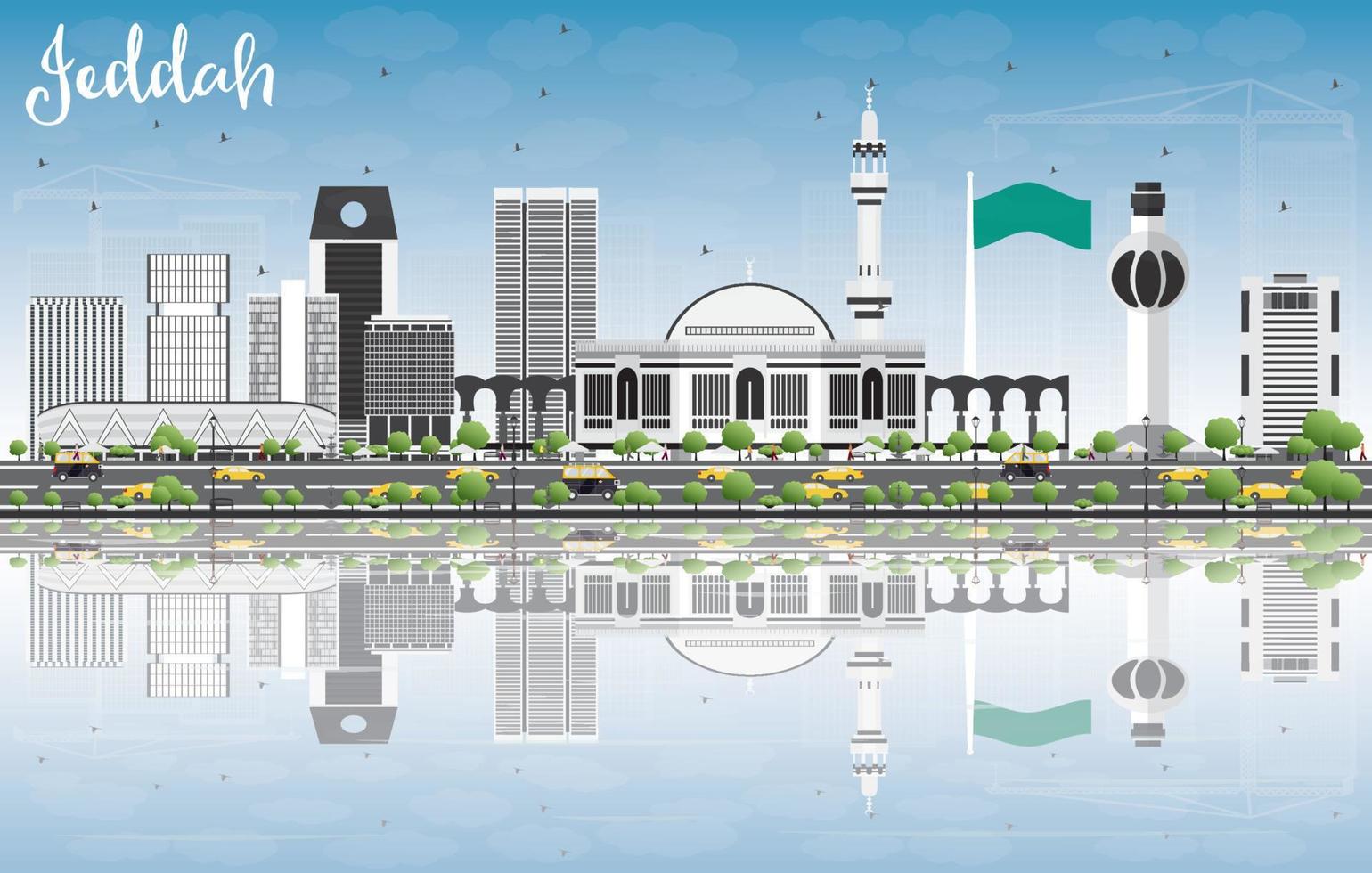 Jeddah Skyline with Gray Buildings, Blue Sky and Reflections. vector