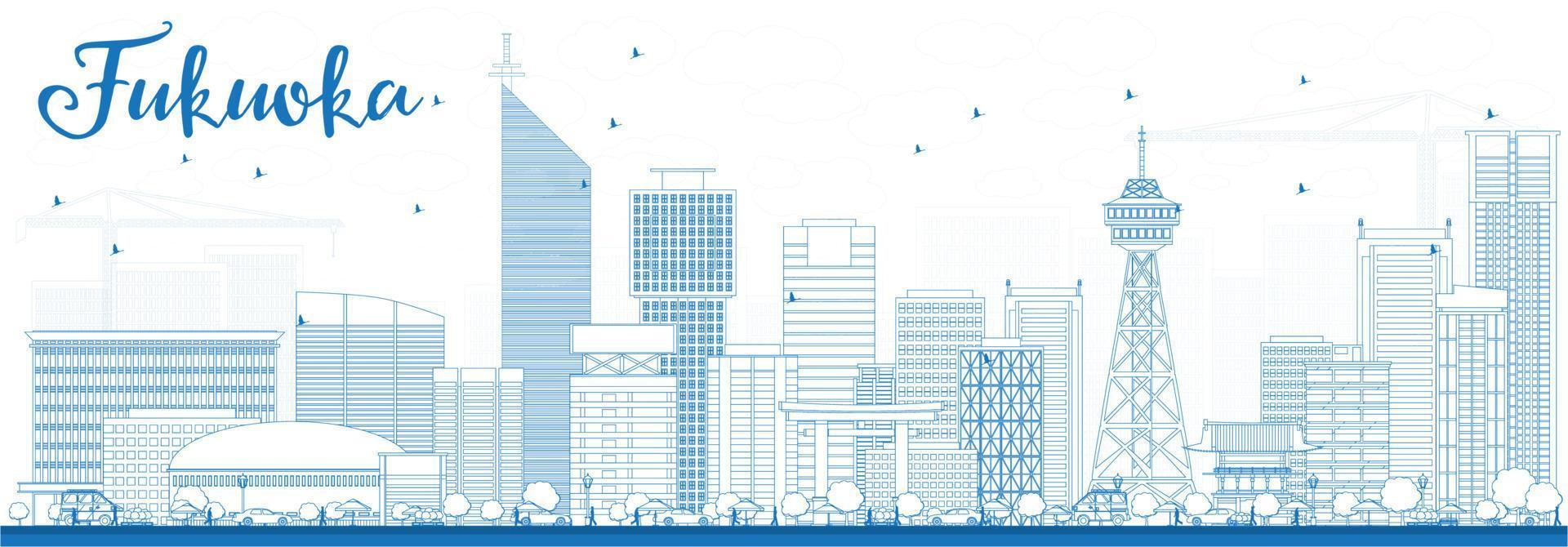 Outline Fukuoka Skyline with Blue Landmarks. vector