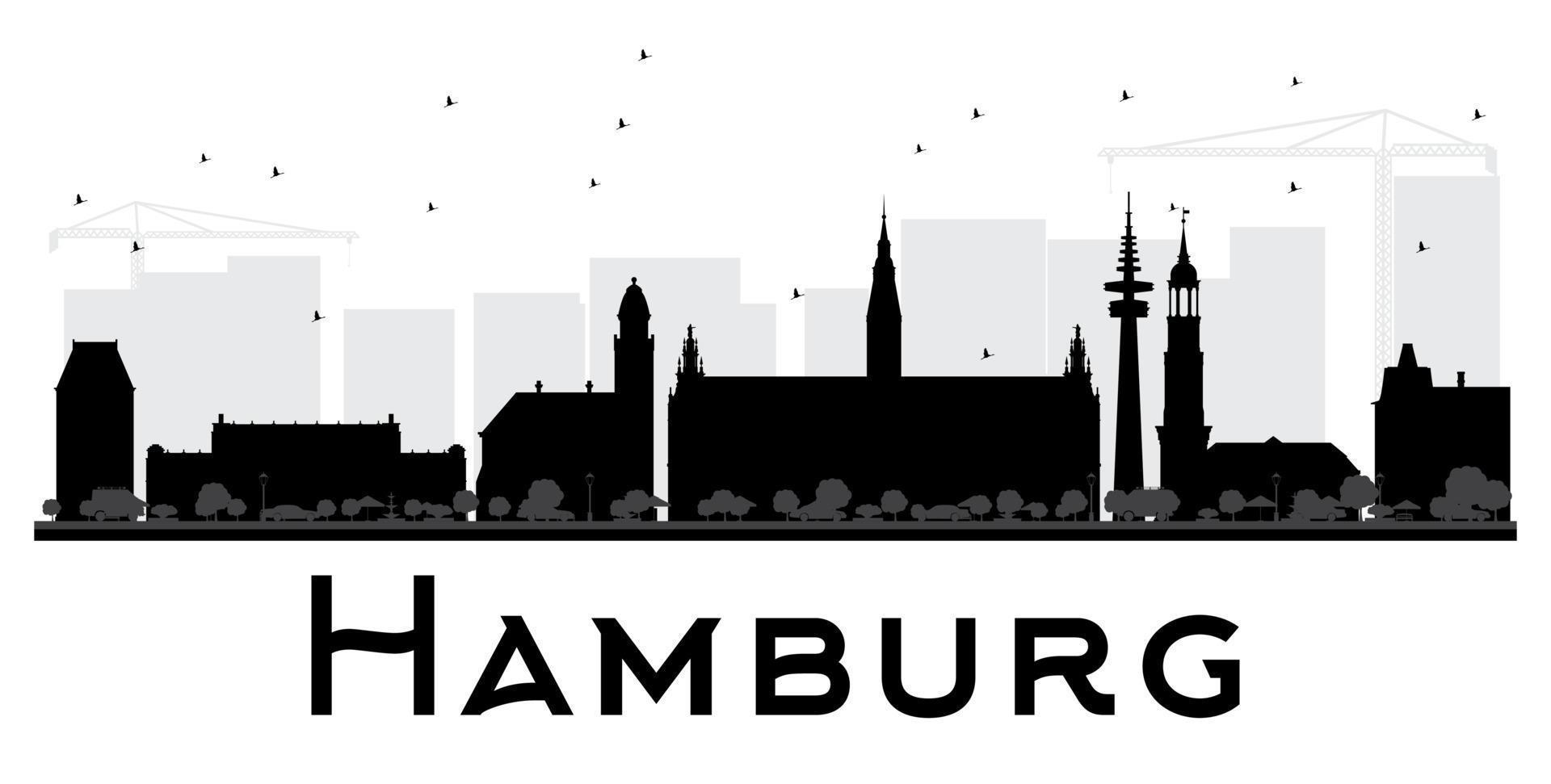 Silueta en blanco y negro del horizonte de la ciudad de Hamburgo. vector