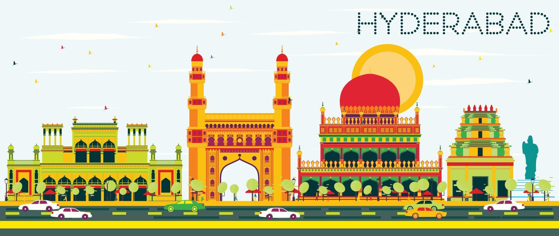 horizonte abstracto de hyderabad con puntos de referencia de color. vector