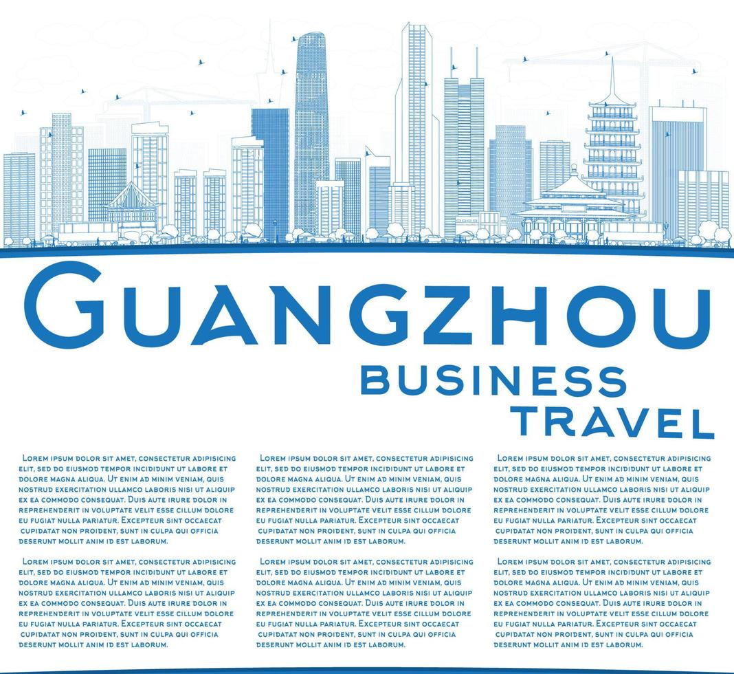 Outline Guangzhou Skyline with Blue Buildings and Copy Space. vector