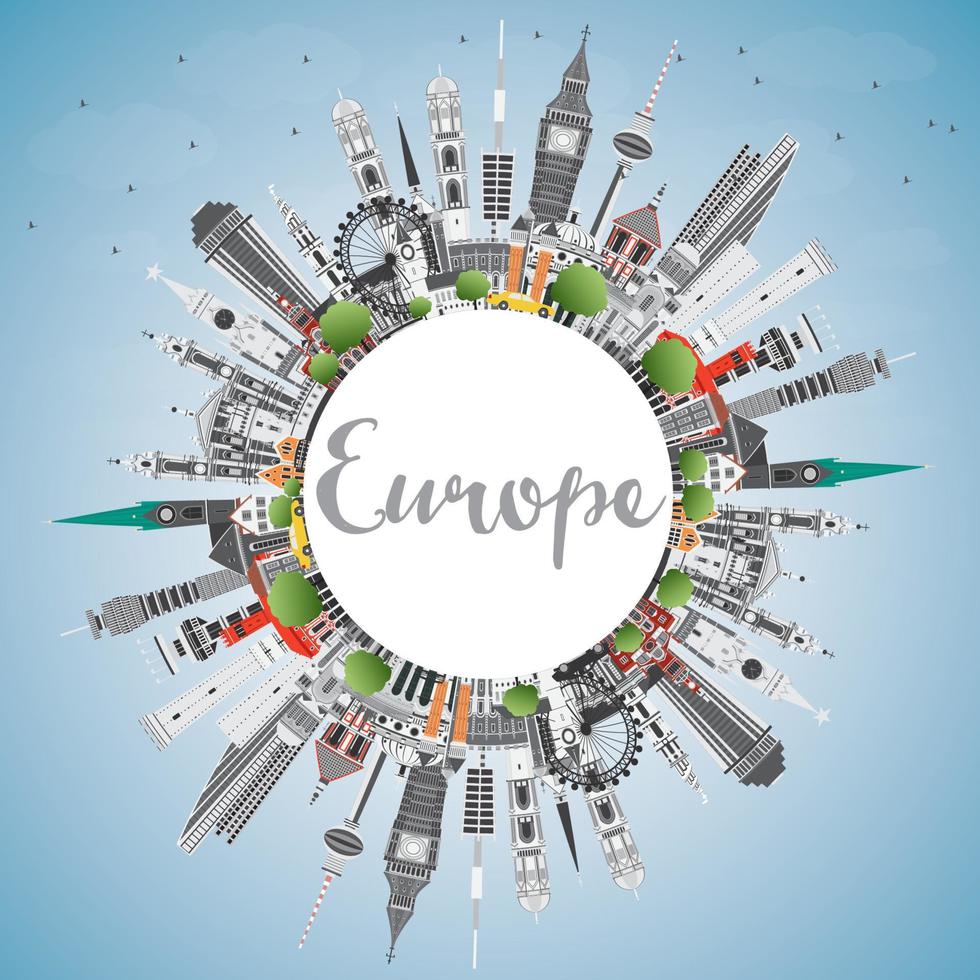 Europe skyline silhouette with different landmarks and copy space. vector