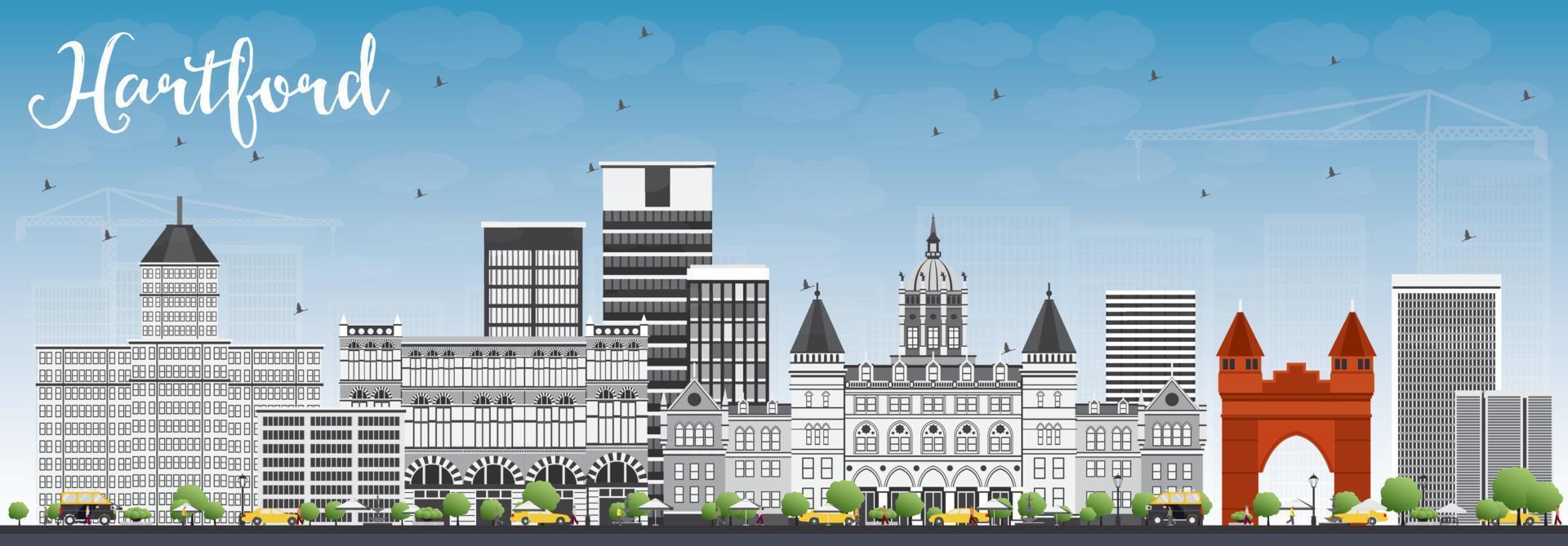 Hartford Skyline with Gray Buildings and Blue Sky. vector