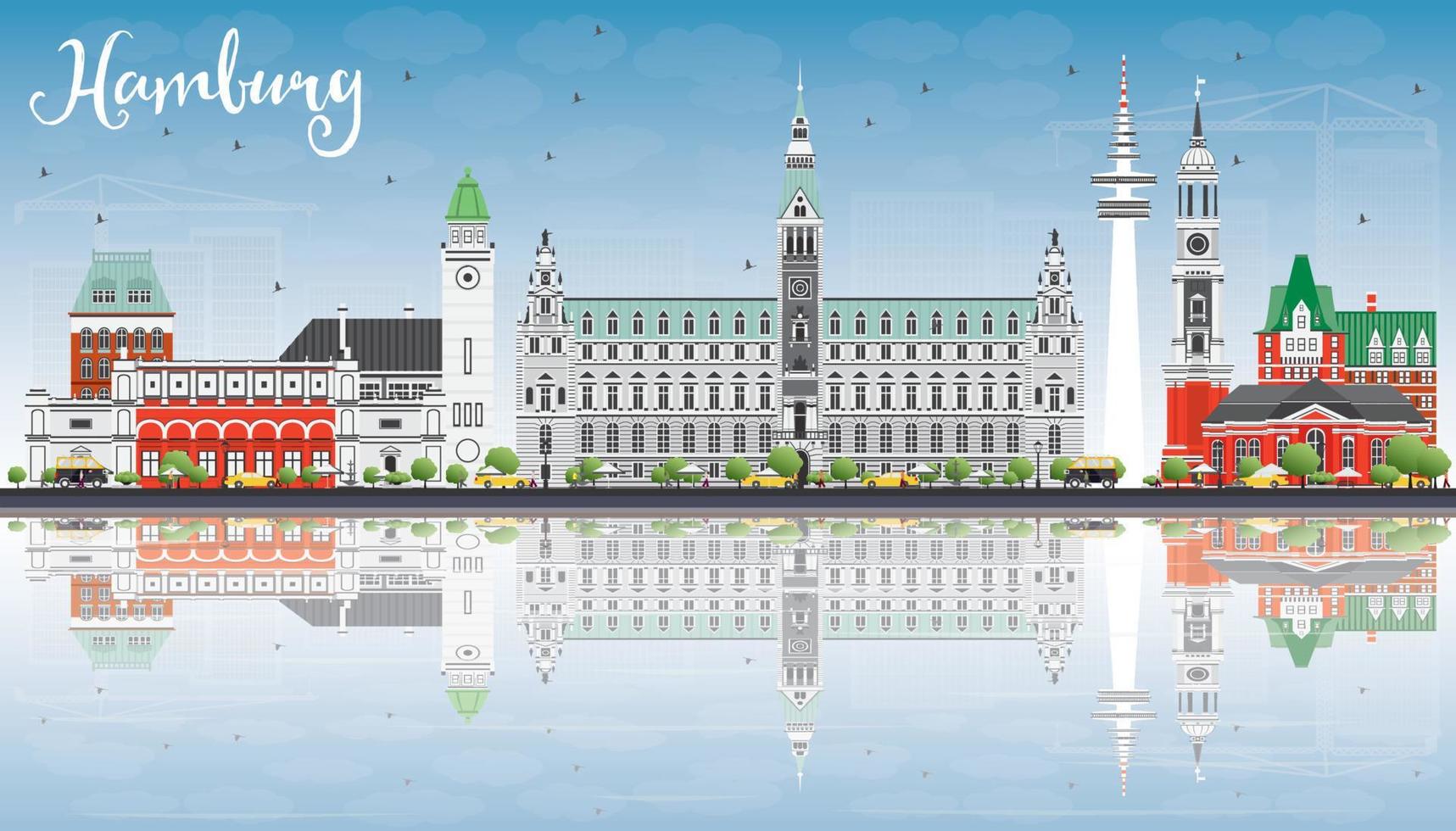 Hamburg Skyline with Gray Buildings, Blue Sky and Reflections. vector