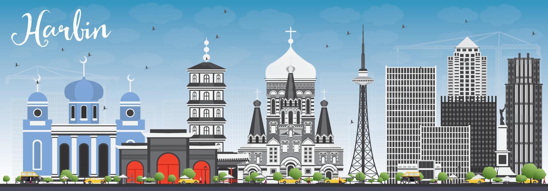 Harbin Skyline with Gray Buildings and Blue Sky. vector