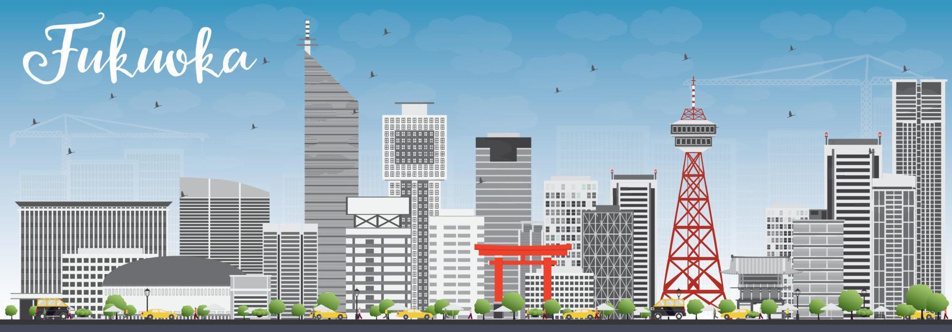 Fukuoka Skyline with Gray Landmarks and Blue Sky. vector