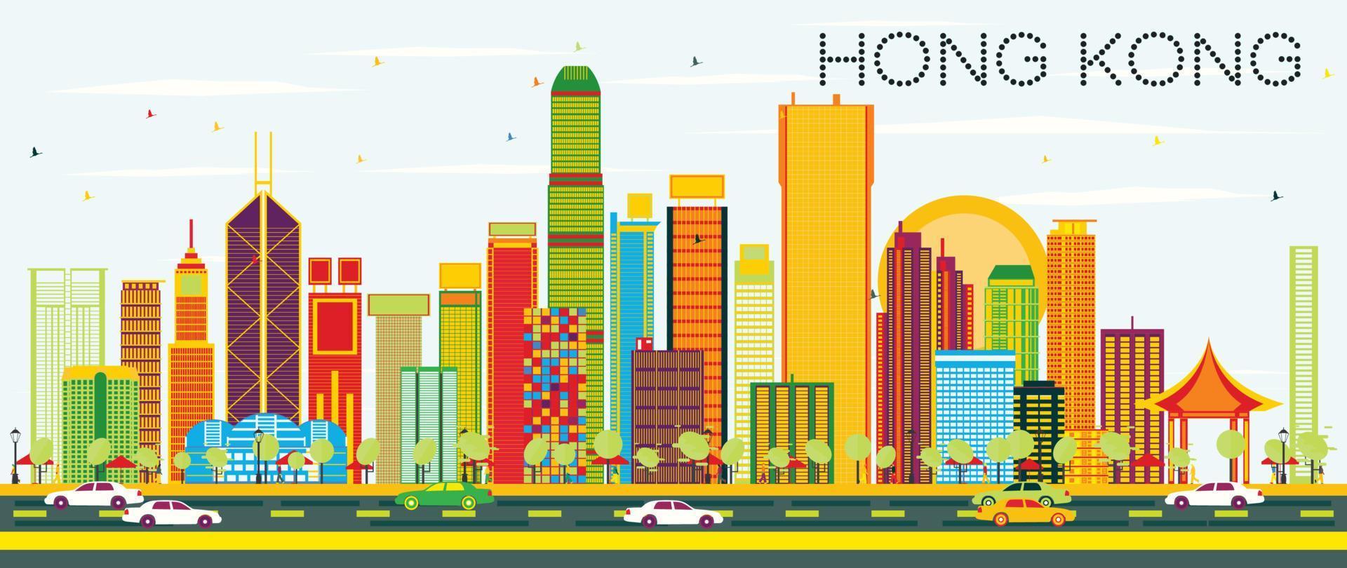 Abstract Hong Kong Skyline with Color Buildings and Blue Sky. vector