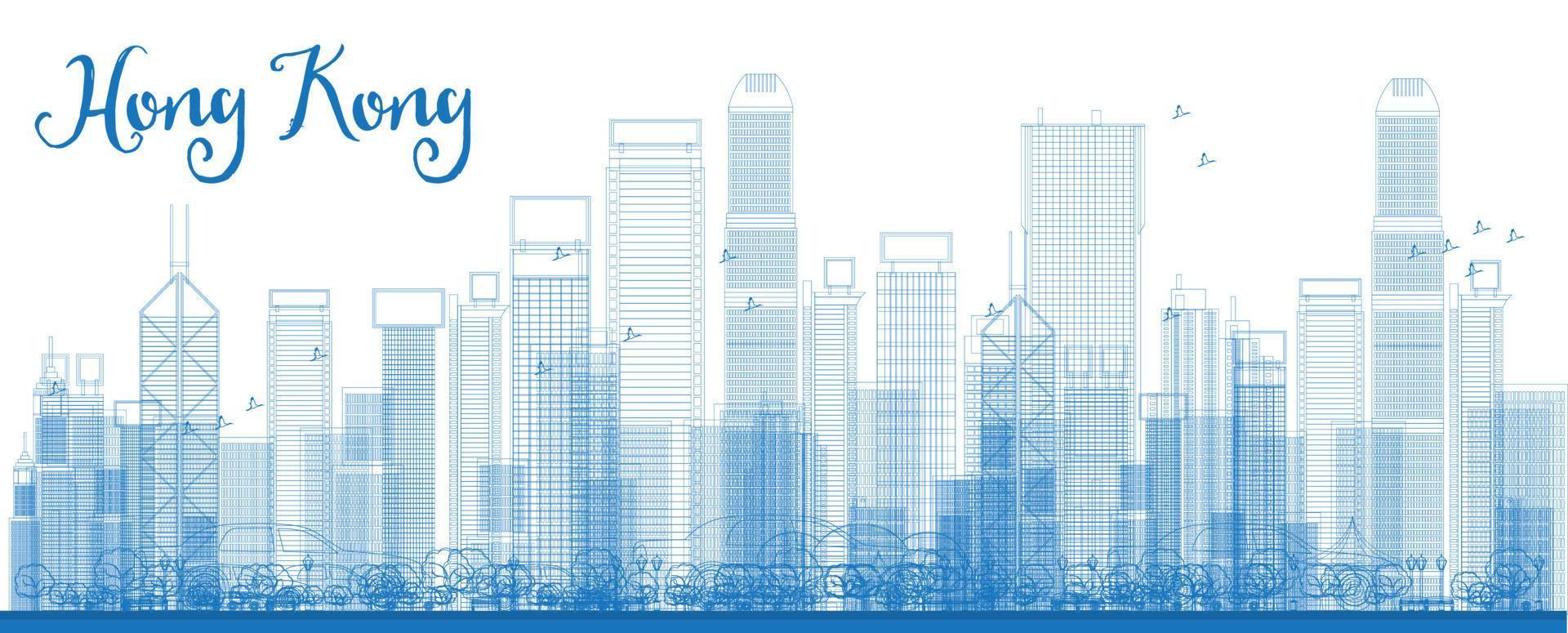 Outline Hong Kong skyline with blue skyscrapers and taxi. vector