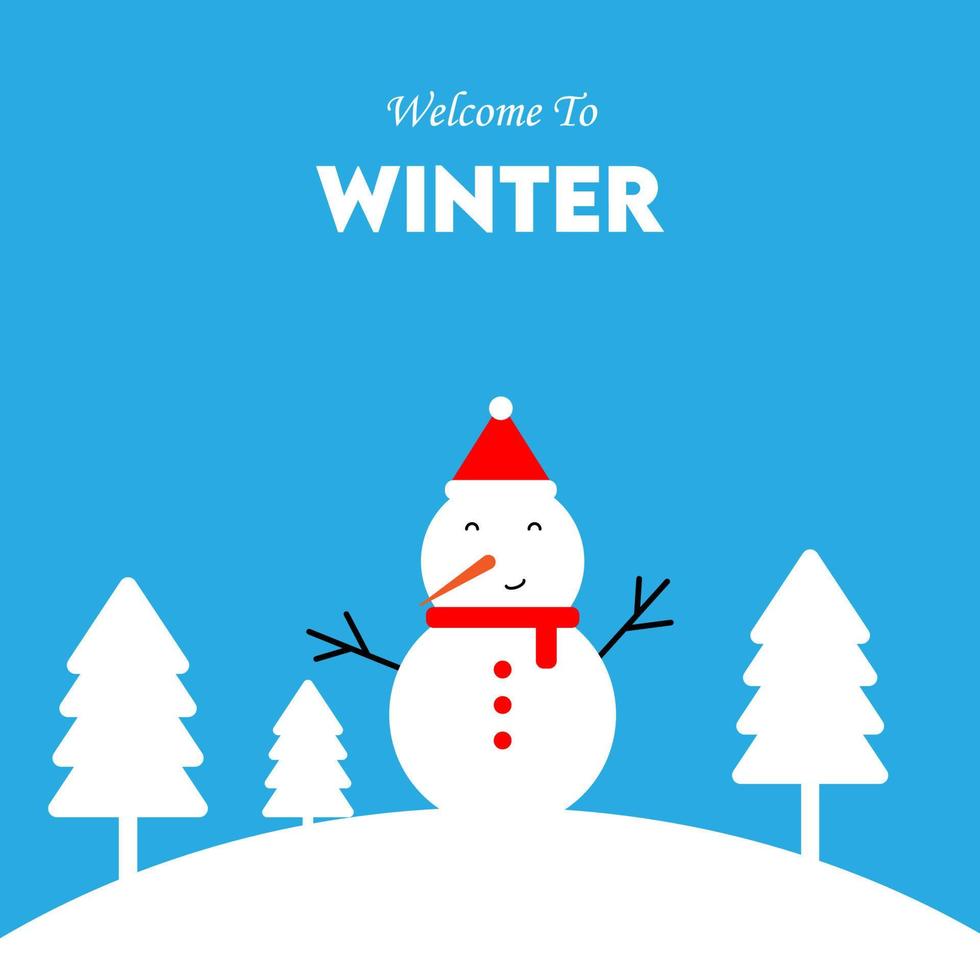 Welcome winter landscape with a cute snowman with a scarf, Christmas or New Year greeting card design element. vector