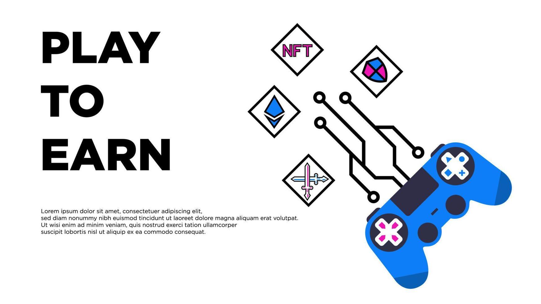 play to earn, token, nft blockchain system, earn money with play game. vector illustration.