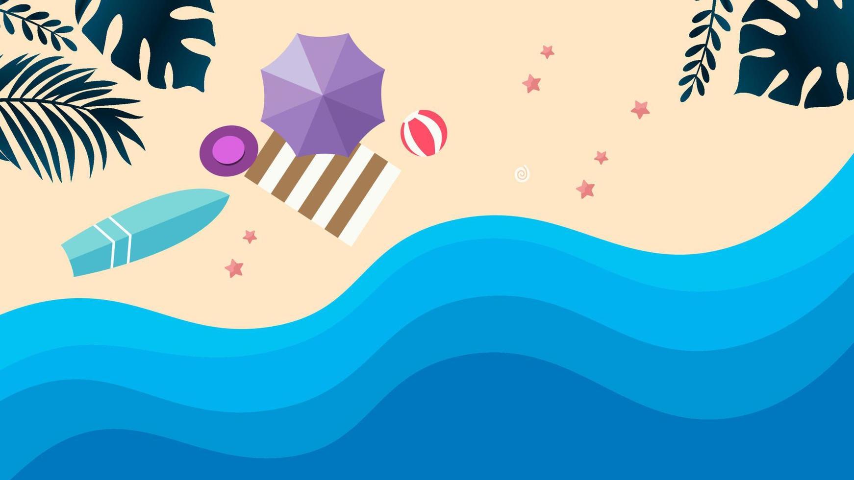 fondo de playa de vista superior con sombrillas, pelotas, diseño de concepto divertido de verano. fondo creativo del paisaje vector