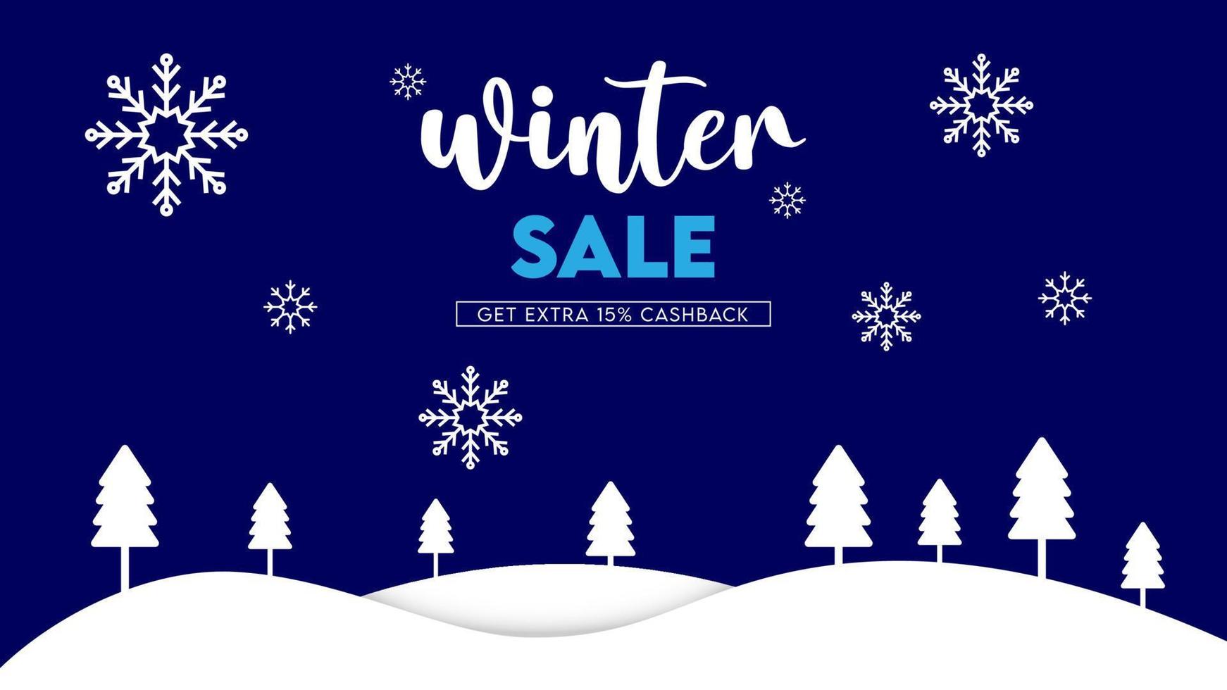 Vector illustration of Winter sale banner template, text promo with white snowflakes element in blue background.