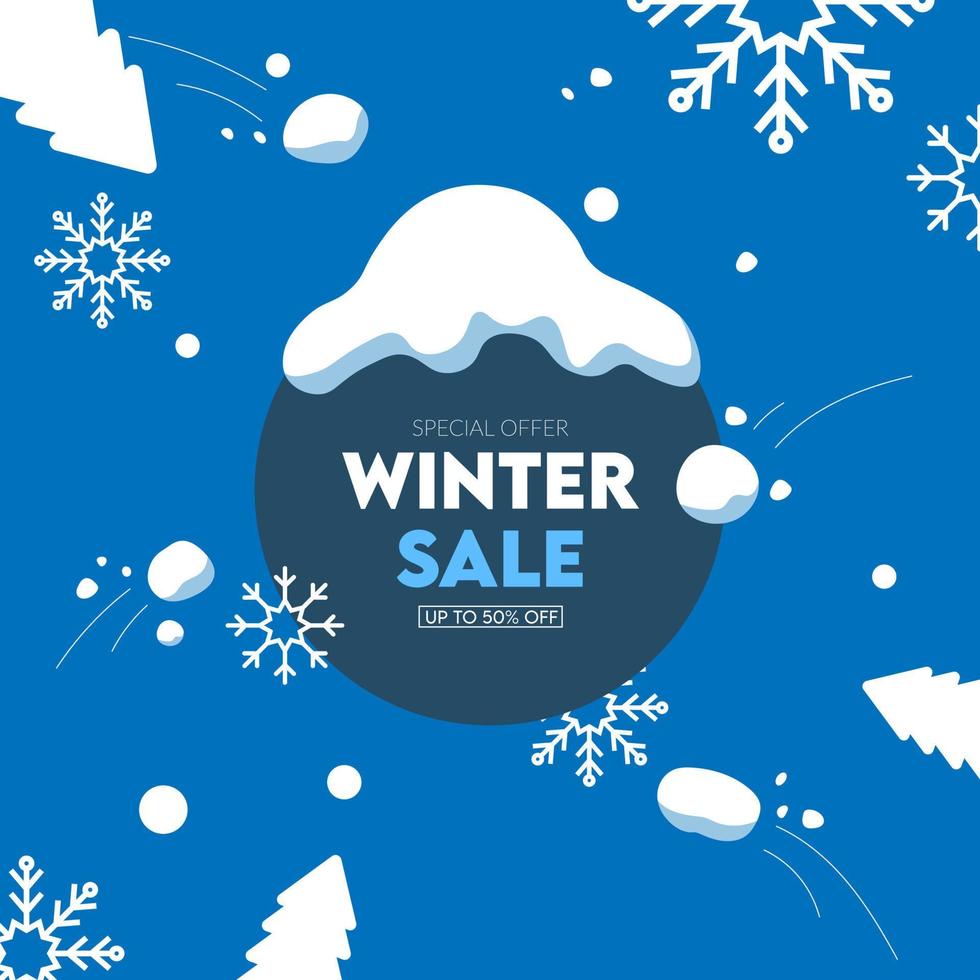 Season of winter sale vector banner template with white snowflakes background, snow elements and winter sale typography.