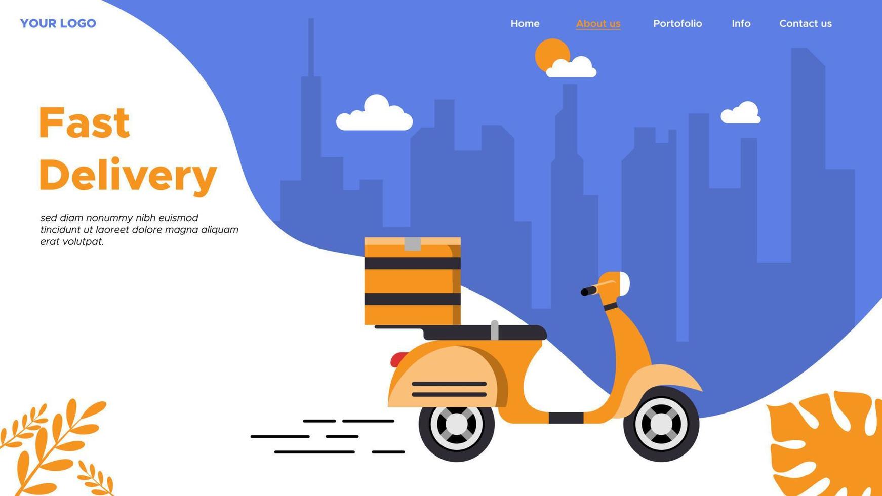 fast delivery service by scooter shipping box food illustration, logistic logistics delivery web design concept. vector