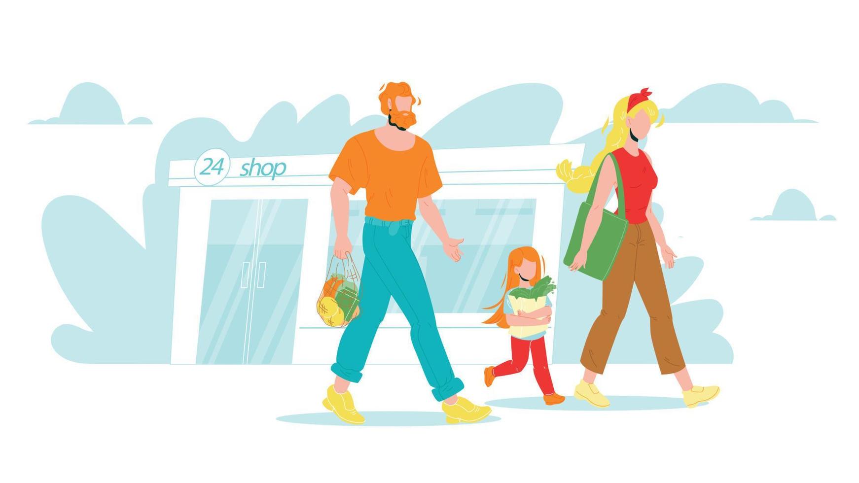 Family With Groceries In Zero Waste Bag Vector