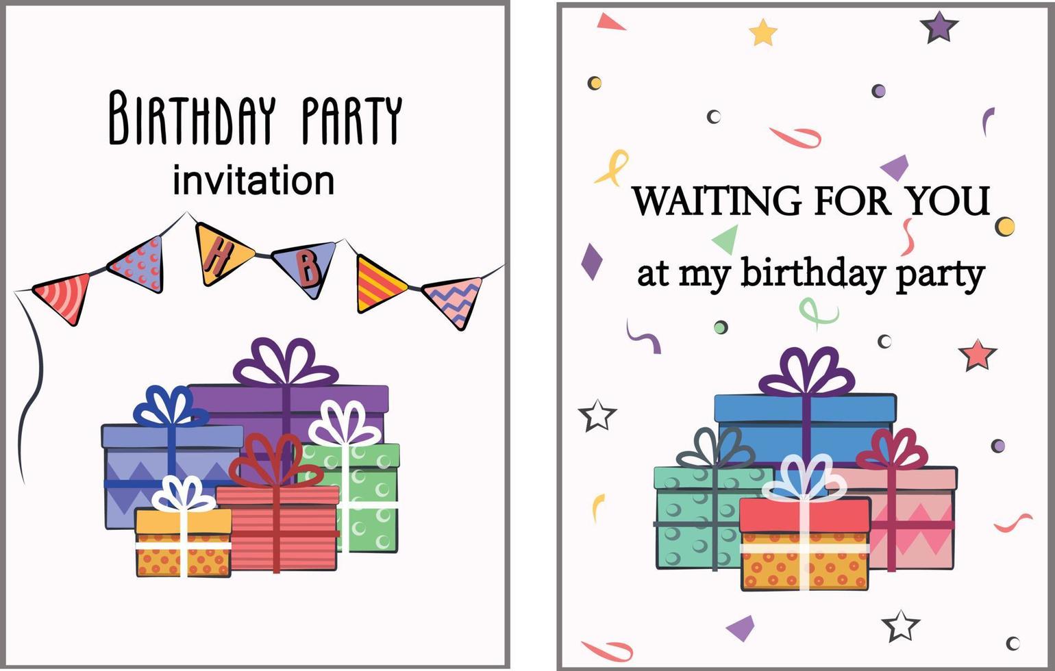 conjunto de tarjetas postales vectoriales planas y de colores con cajas de regalo, embalaje para carteles, papel de regalo, invitación de fiesta de cumpleaños, ilustraciones de año nuevo vector