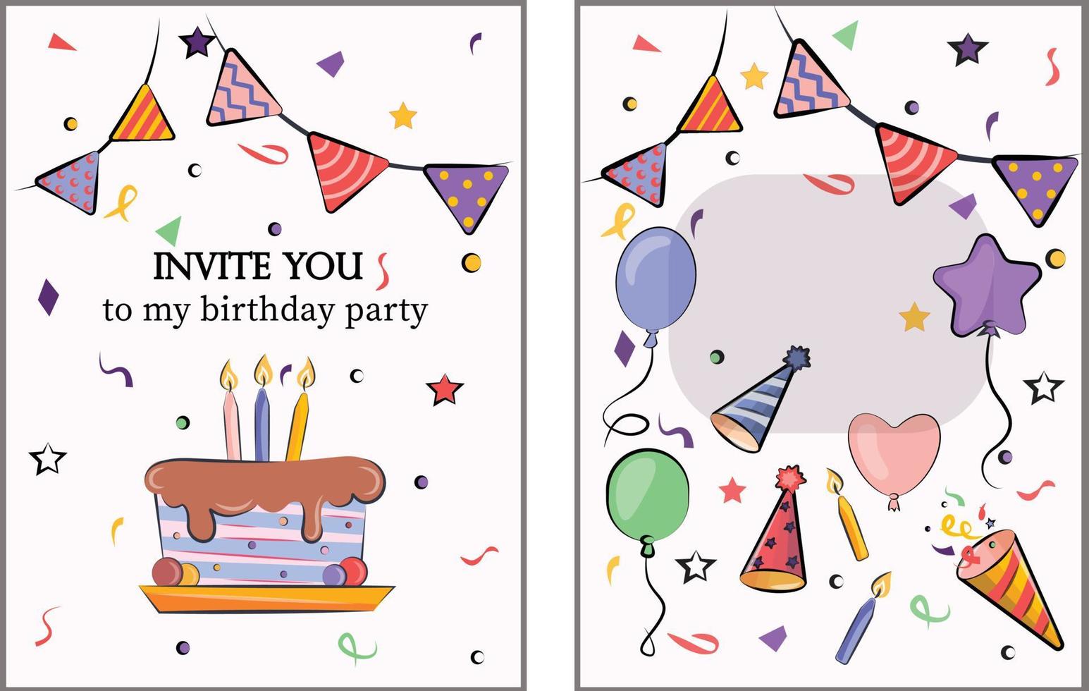 establecer una colección de tarjetas postales vectoriales planas adorables y brillantes de colores invitación a una fiesta de cumpleaños con un pastel de cumpleaños, globos y velas, galletas e ilustraciones de stock de banderas brillantes aisladas en blanco vector