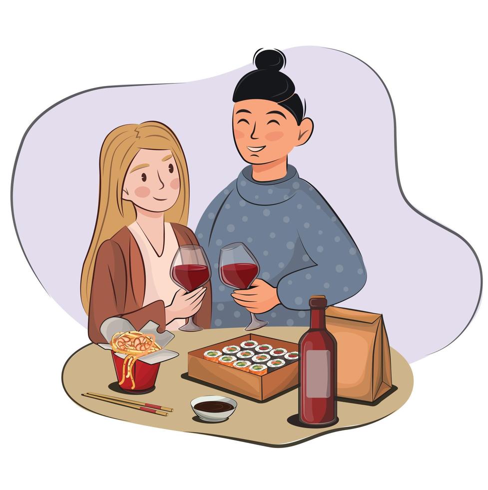 una pareja joven de amigos, un chico asiático y una chica eslava rubia en una cita en un restaurante café, comen sushi y beben vino. material vectorial plano familiar lgbt no tradicional aislado en blanco vector