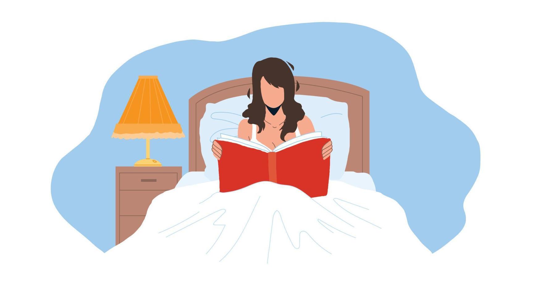 mujer lee un libro en el dormitorio antes de acostarse vector