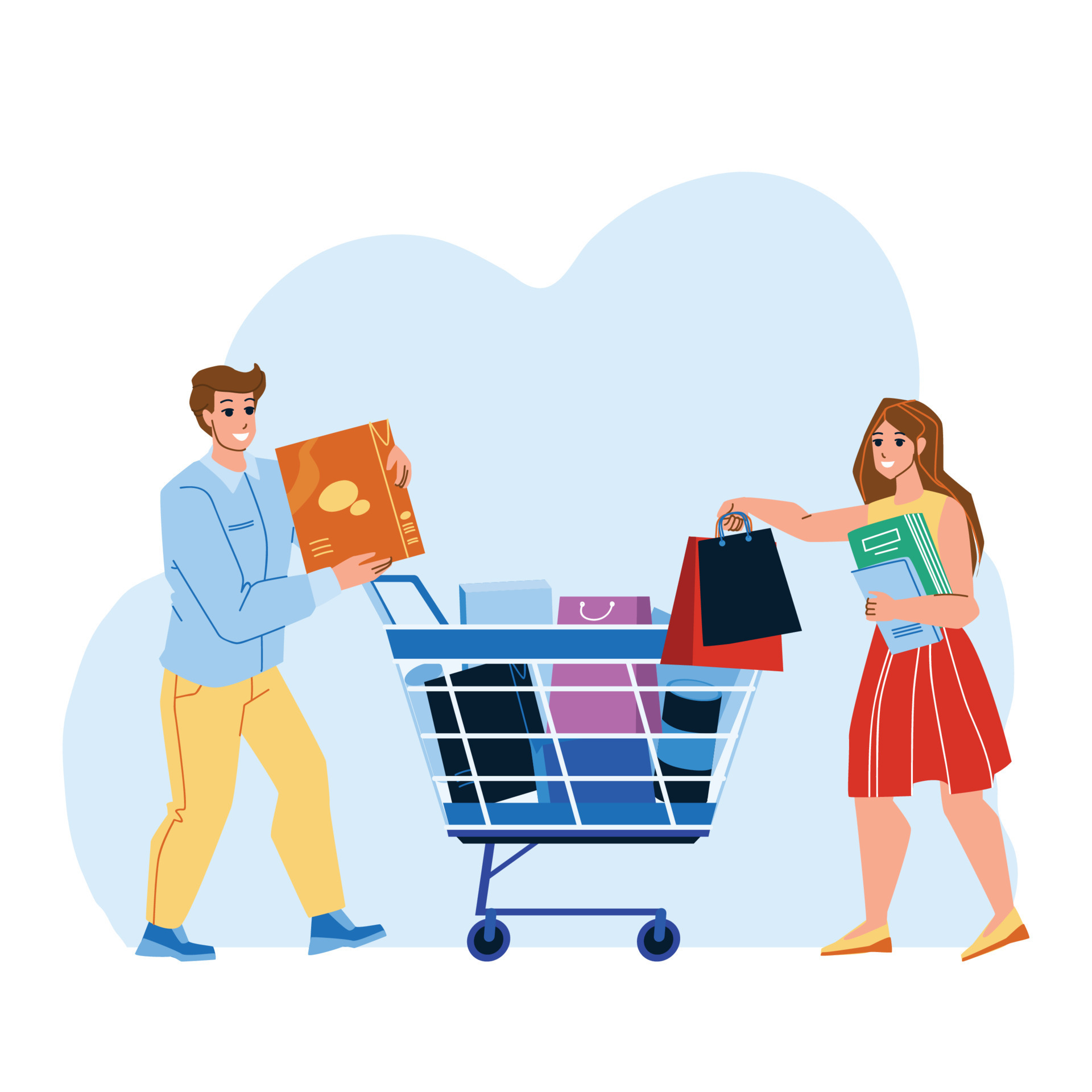 Shoppers Couple Goods Add To Cart In Market Vector 8372168 Vector Art