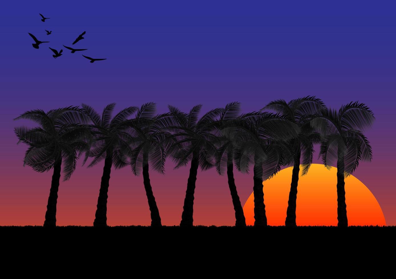 imagen gráfica árbol de coco con fondo de puesta de sol o amanecer naranja y azul del cielo ilustración vectorial vector