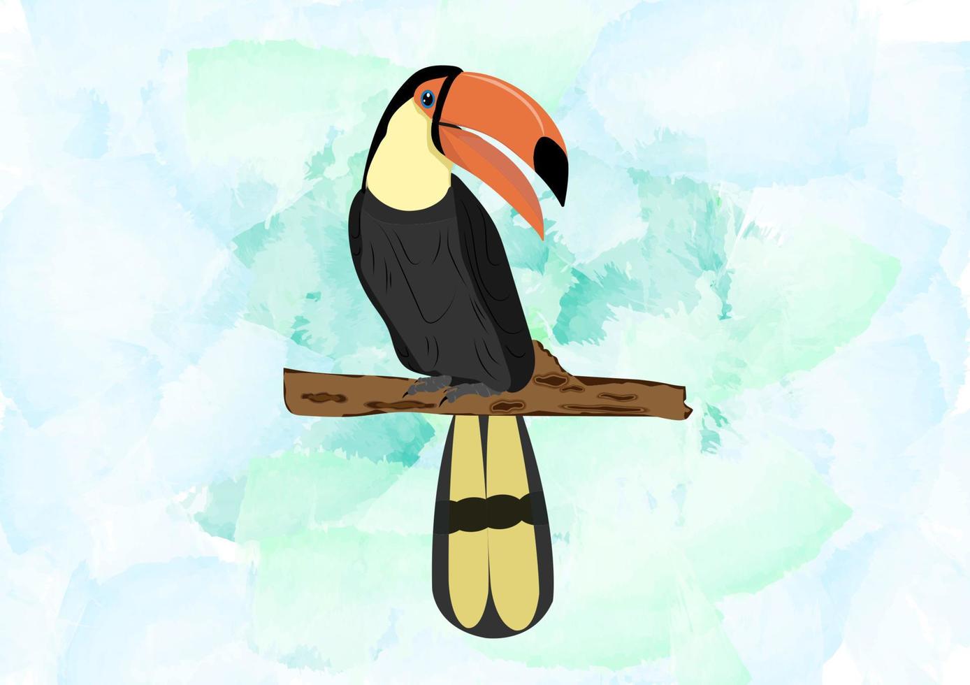 Bird Hornbill standing On branch of tree watercolor background Vector Illustration