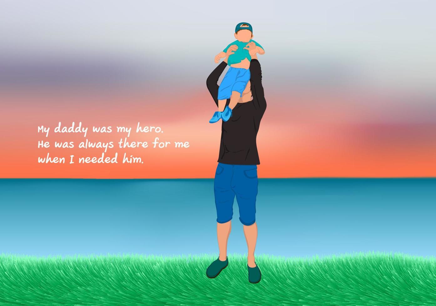 Graphics Design Father holding the young on hands standing on grass and lake background concept Happy Father's Day greeting card vector illustration