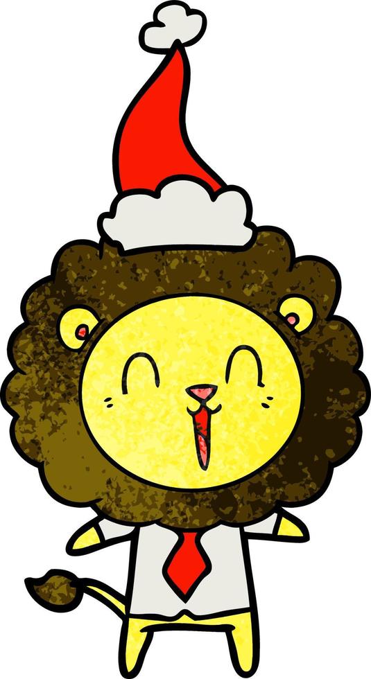 laughing lion textured cartoon of a wearing santa hat vector