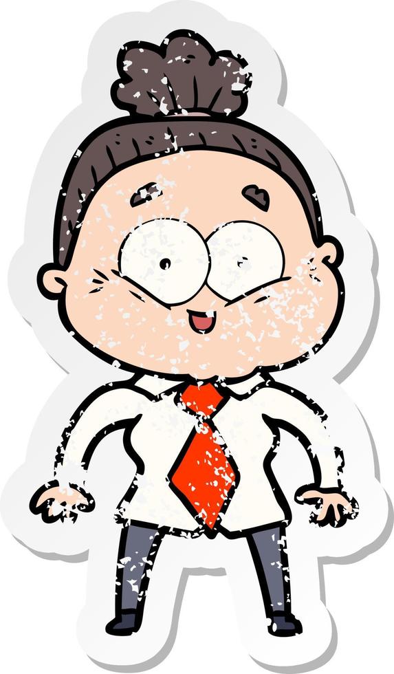 distressed sticker of a cartoon happy old woman vector