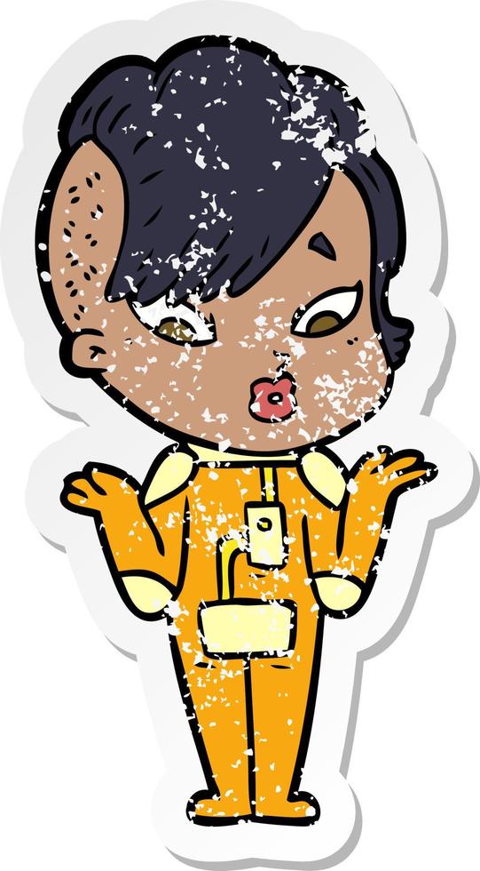 distressed sticker of a cartoon surprised girl in science fiction clothes vector